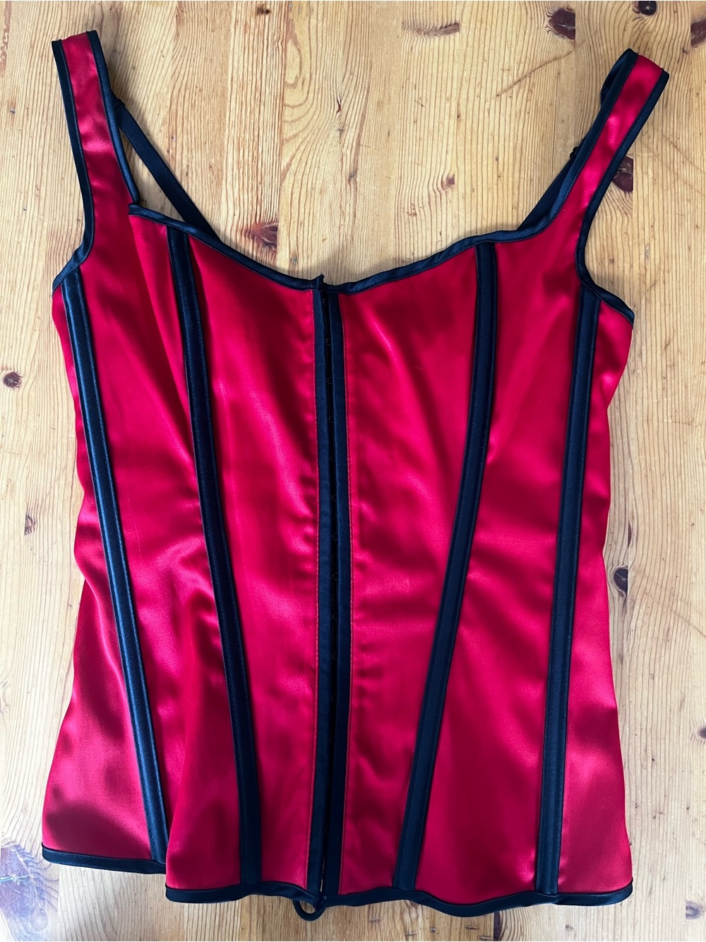 Frederick's of Hollywood Red Satin Corset Tank with Black Piping